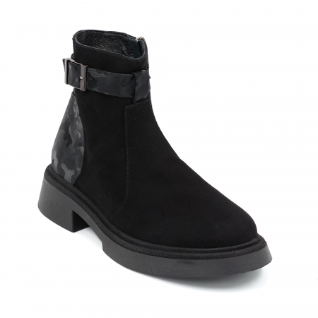 Ghete dama casual din piele naturala intoarsa neagra si cu imprimeu negru militar 3D cu varf rotund si talpa 3 cm 75420-23 [1]