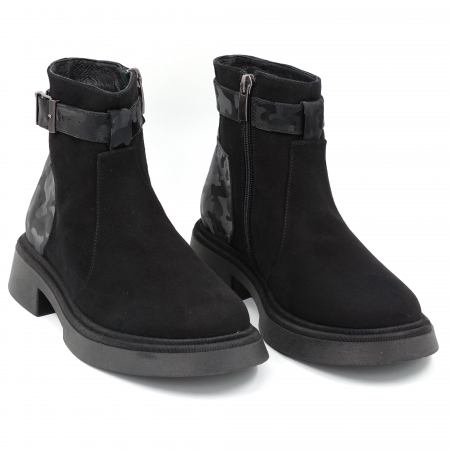 Ghete dama casual din piele naturala intoarsa neagra si cu imprimeu negru militar 3D cu varf rotund si talpa 3 cm 75420-23 [2]