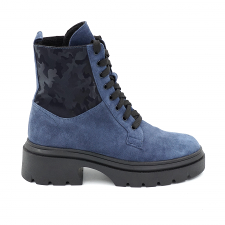Ghete casual & bocanci dama - Ghete dama casual din piele naturala intoarsa albastra si cu imprimeu belumaren militar 3D cu varf rotund si talpa 3 cm 75521-23