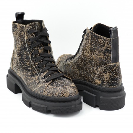 Ghete dama casual din piele naturala cu imprimeu negru cu kaki cu varf rotund si talpa 4 cm  75621-23 [3]