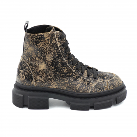 Lichidare stocuri - Ghete dama casual din piele naturala cu imprimeu negru cu kaki cu varf rotund si talpa 4 cm  75621-23