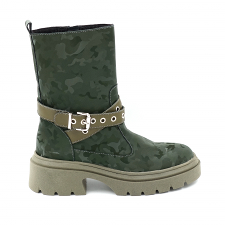 Cizme casual & sport dama - Cizme dama casual scurte din piele naturala verde inchis cu imprimeu militar 3D si verde kaki cu varf rotund, talpa 4 cm si accesorii metalice 75719-23