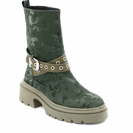 Cizme dama casual scurte din piele naturala verde inchis cu imprimeu militar 3D si verde kaki cu varf rotund, talpa 4 cm si accesorii metalice 75719-23 [1]