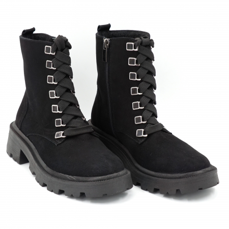 Ghete dama casual din piele naturala intoarsa neagra cu accesorii metalice cu varf rotund si talpa 3 cm 76419-23 [3]