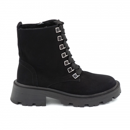 Ghete casual & bocanci dama - Ghete dama casual din piele naturala intoarsa neagra cu accesorii metalice cu varf rotund si talpa 3 cm 76419-23