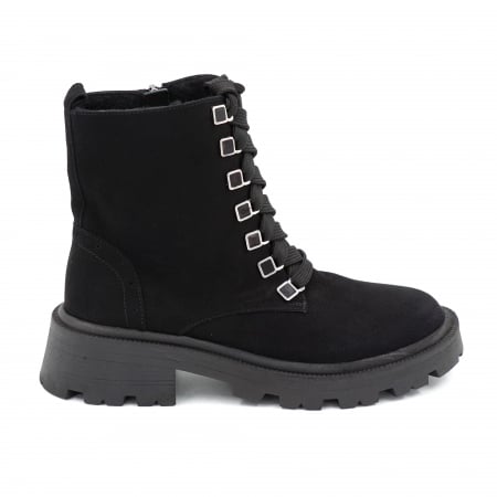 Lichidare stocuri - Ghete dama casual din piele naturala intoarsa neagra cu accesorii metalice cu varf rotund si talpa 3 cm 76419-23