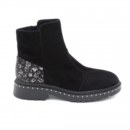 Ghete casual & bocanci dama - Ghete dama casual din piele naturala intoarsa neagra si cu imprimeu negru cu argintiu cu varf rotund si talpa 3 cm 76719-23
