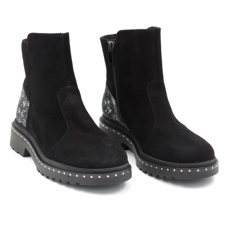 Ghete dama casual din piele naturala intoarsa neagra si cu imprimeu negru cu argintiu cu varf rotund si talpa 3 cm 76719-23 [3]
