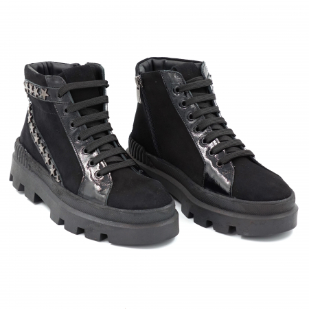 Ghete dama casual din piele naturala intoarsa neagra si lac negru cu accesorii metalice cu varf rotund si talpa 3 cm 76721-23 [3]