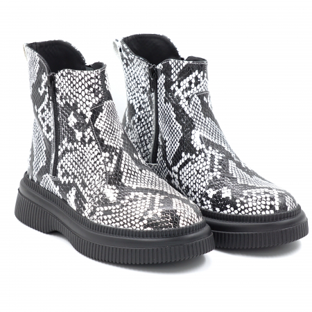 Ghete dama casual din piele naturala cu imprimeu alb cu negru cu varf rotund si talpa 3 cm 78121-1-24 [2]