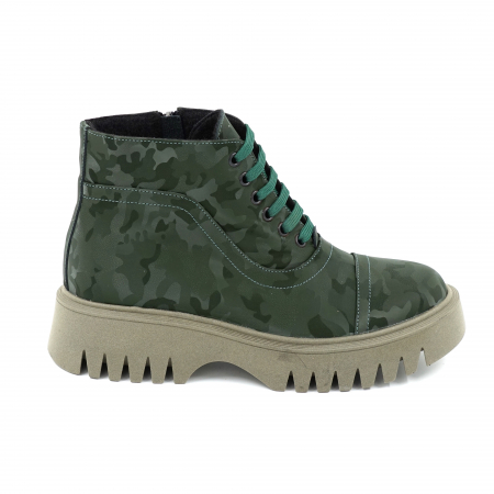 Ghete casual & bocanci dama - Ghete dama casual din piele naturala verde menta cu imprimeu militar 3D cu varf rotund si talpa 3 cm 78218-23