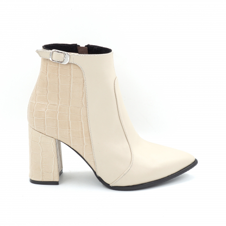 Ghete elegant & office dama - Ghete dama din piele naturala bej si cu imprimeu croco bej cu varf ascutit stiletto si toc mediu gros imbracat de 8 cm 77219-25