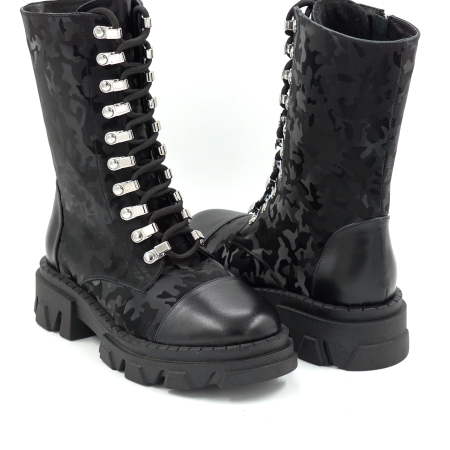 Cizme dama din piele naturala neagra si cu imprimeu negru militar cu varf rotund si talpa de 3 cm 74920-1-25 [3]