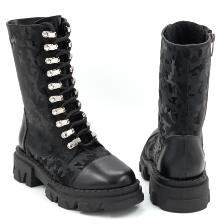 Cizme dama din piele naturala neagra si cu imprimeu negru militar cu varf rotund si talpa de 3 cm 74920-1-25 [4]