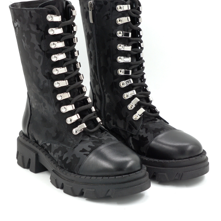Cizme dama din piele naturala neagra si cu imprimeu negru militar cu varf rotund si talpa de 3 cm 74920-1-25 [2]