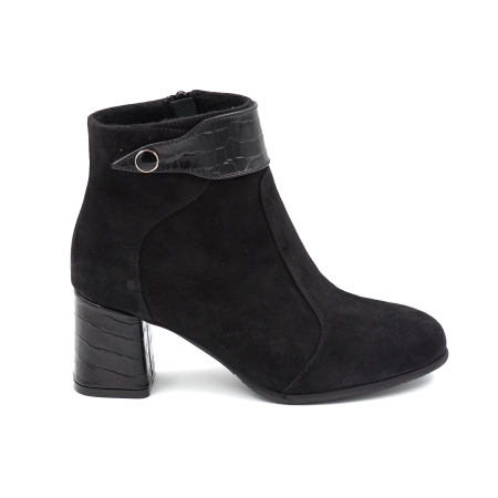 Ghete & bocanci dama - Ghete dama din piele naturala intoarsa neagra cu varf rotund si toc mic gros imbracat de 6 cm 75820-1-24