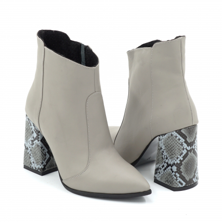 Ghete dama din piele naturala gri cu varf ascutit stiletto si toc inalt gros imbracat de 9 cm 78918-2-25 [1]