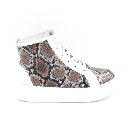 Ghete casual & bocanci dama - Ghete dama din piele naturala alba si cu imprimeu sarpe maro cu varf rotund si talpa de 4 cm 75821-25