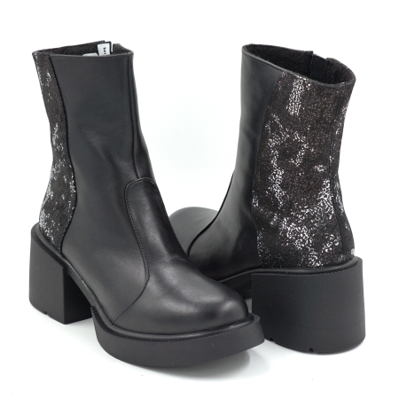 Ghete dama din piele naturala neagra si cu imprimeu 3D cu varf rotund si toc mic gros de 6 cm 73518-25 [3]