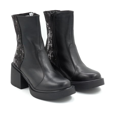 Ghete dama din piele naturala neagra si cu imprimeu 3D cu varf rotund si toc mic gros de 6 cm 73518-25 [2]