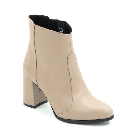 Ghete dama din piele naturala bej cu varf rotund si toc mediu gros imbracat de 8 cm 78918-5-25 [1]