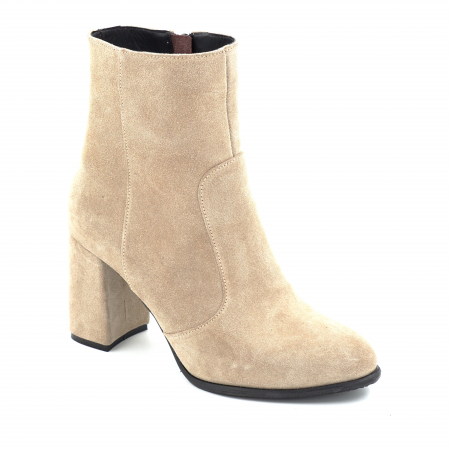 Ghete dama din piele naturala intoarsa bej cappucino cu varf rotund si toc mediu gros imbracat de 8 cm 70224-25 [1]