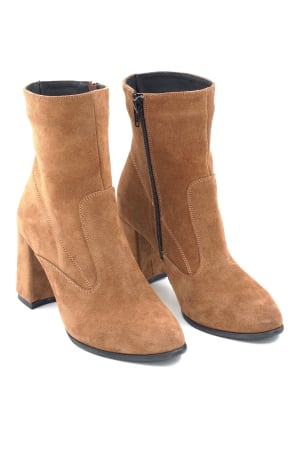 Ghete dama din piele naturala intoarsa maro coniac cu varf rotund si toc mediu gros imbracat de 8 cm 70424-24 [2]