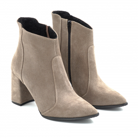 Ghete dama din piele naturala intoarsa grej cu varf ascutit stiletto si toc mediu gros imbracat de 8 cm 78918-3-25 [2]