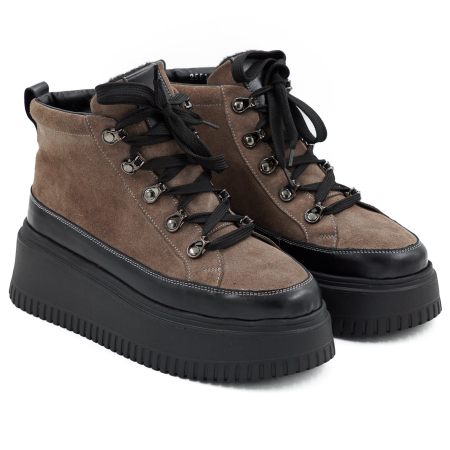 Ghete dama din piele naturala intoarsa grej si neagra cu varf rotund si talpa de 6 cm 70126-26 [2]
