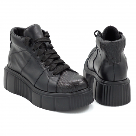 Ghete dama din piele naturala neagra cu varf rotund si talpa de 5 cm 70421-1-25 [4]