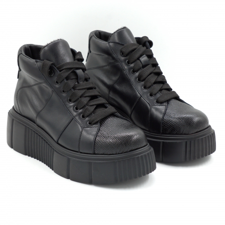 Ghete dama din piele naturala neagra cu varf rotund si talpa de 5 cm 70421-1-25 [2]