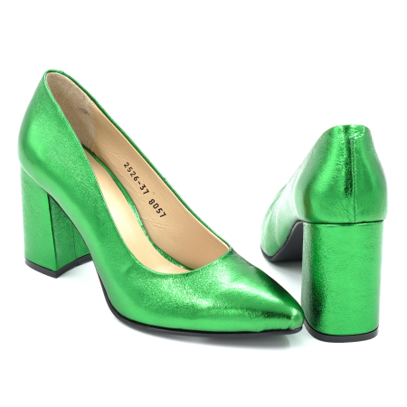 Pantofi dama din piele naturala verde metalizat cu varf ascutit stiletto si toc mediu gros imbracat de 8 cm 8057-17-25 [4]