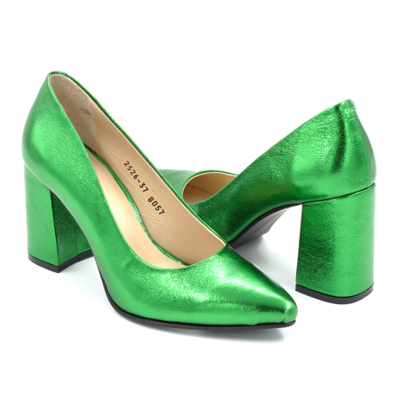 Pantofi dama din piele naturala verde metalizat cu varf ascutit stiletto si toc mediu gros imbracat de 8 cm 8057-17-25 [3]