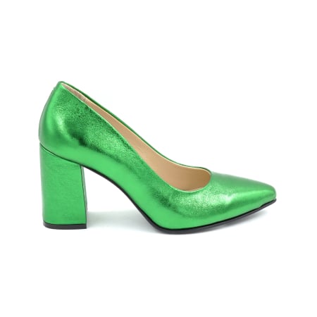 Dama - Pantofi dama din piele naturala verde metalizat cu varf ascutit stiletto si toc mediu gros imbracat de 8 cm 8057-17-25