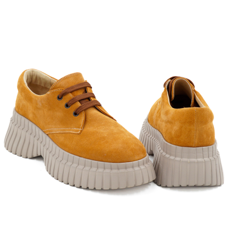 Pantofi dama casual din piele naturala intoarsa maro coniac cu varf rotund si talpa inalta 6 cm 55320-26 [4]