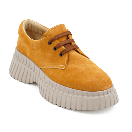 Pantofi dama casual din piele naturala intoarsa maro coniac cu varf rotund si talpa inalta 6 cm 55320-26 [1]