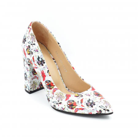 Pantofi dama din piele naturala cu imprimeu floral cu varf ascutit si toc inalt gros imbracat 9 cm 1159-2-24 [1]