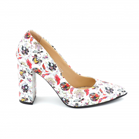 Pantofi dama - Pantofi dama din piele naturala cu imprimeu floral cu varf ascutit si toc inalt gros imbracat 9 cm 1159-2-24