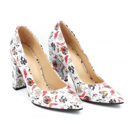 Pantofi dama din piele naturala cu imprimeu floral cu varf ascutit si toc inalt gros imbracat 9 cm 1159-2-24 [2]