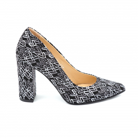 Pantofi dama - Pantofi dama din piele naturala cu imprimeu negru alb gri cu varf ascutit stileto si toc inalt gros imbracat  9 cm 1159-1-24
