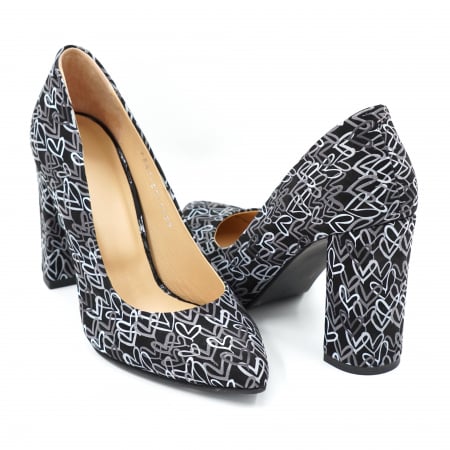 Pantofi dama din piele naturala cu imprimeu negru alb gri cu varf ascutit stileto si toc inalt gros imbracat  9 cm 1159-1-24 [3]