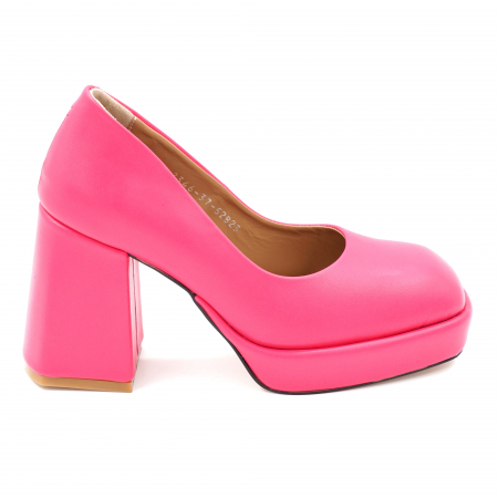 Dama - Pantofi dama din piele naturala roz fucsia cu varf patrat, platforma 2 cm  si toc inalt gros imbracat 9 cm 7101-24