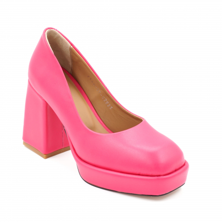 Pantofi dama din piele naturala roz fucsia cu varf patrat, platforma 2 cm  si toc inalt gros imbracat 9 cm 7101-24 [1]
