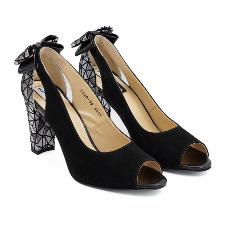 Pantofi dama decupati din piele naturala intoarsa neagra si cu imprimeu argintiu, cu varf rotund si toc inalt gros imbracat  9 cm 3219-26 [2]