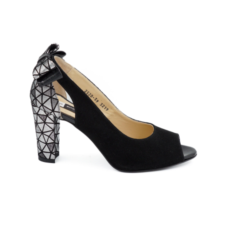 Sandale damă - Pantofi dama decupati din piele naturala intoarsa neagra si cu imprimeu argintiu, cu varf rotund si toc inalt gros imbracat  9 cm 3219-26