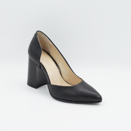 Pantofi dama decupati din piele naturala neagra cu imprimeu, cu varf ascutit stiletto si toc mediu gros de 8 cm 53925-26 [1]