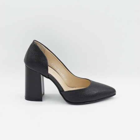 Lichidare stocuri - Pantofi dama decupati din piele naturala neagra cu imprimeu, cu varf ascutit stiletto si toc mediu gros de 8 cm 53925-26