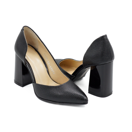 Pantofi dama decupati din piele naturala neagra cu imprimeu, cu varf ascutit stiletto si toc mediu gros de 8 cm 53925-26 [3]