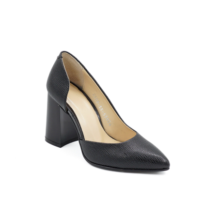 Pantofi dama decupati din piele naturala neagra cu imprimeu, cu varf ascutit stiletto si toc mediu gros de 8 cm 53925-26 [1]