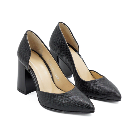 Pantofi dama decupati din piele naturala neagra cu imprimeu, cu varf ascutit stiletto si toc mediu gros de 8 cm 53925-26 [2]